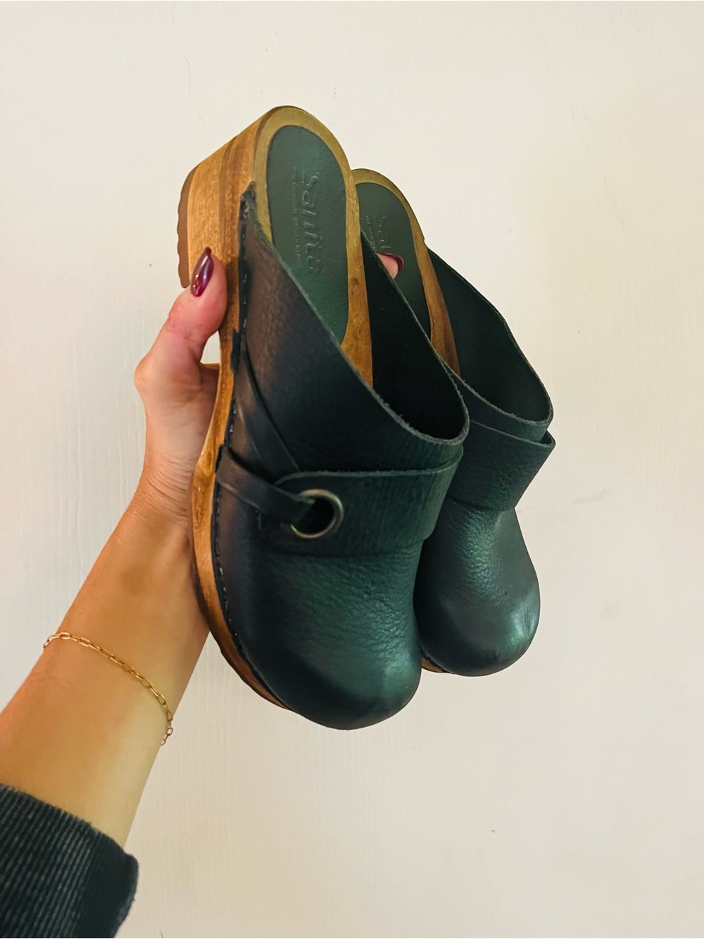 Sanita Black Leather Wood Clog Mules Japandi Scandi 70s Boho Danish Folk 38